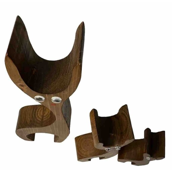 Vintage Set of 3 Hand Crafted Solid Wood Deer Reindeers - 10.5”, 7”, 4.5” Googly - Picture 2 of 9